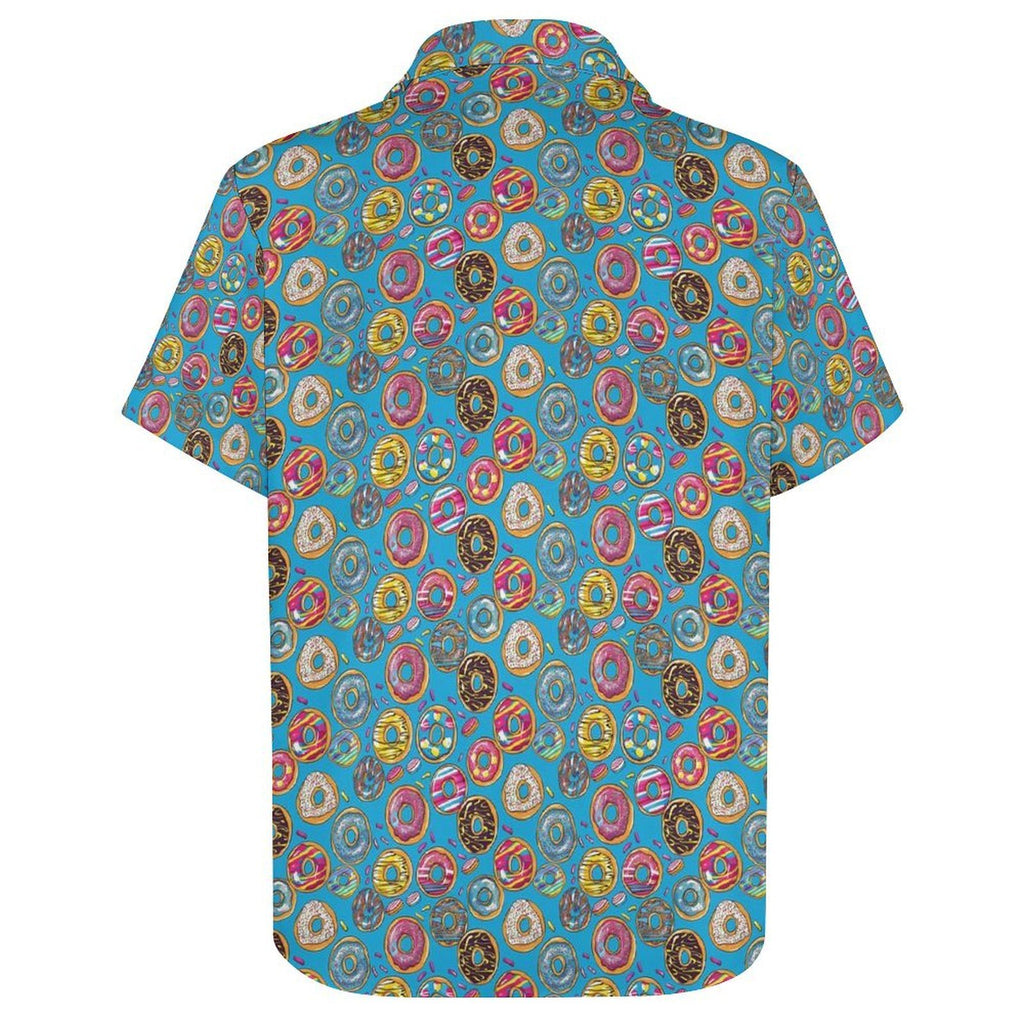 Doughnuts On Blue Women's Short-Sleeve Button Up Shirt Women's Short-Sleeve Button Up Shirt Food Printed Offshore