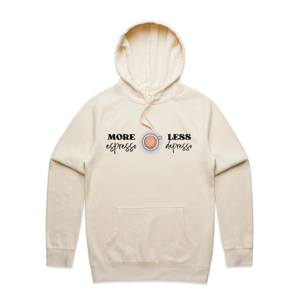More Espresso, Less Depresso Men's AS Colour Hoodie Ecru Mens Hoodie Coffee Printed In Australia