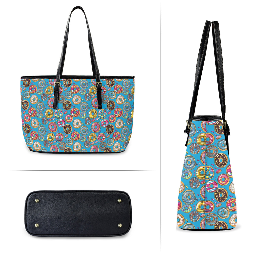 Doughnuts On Blue PU Leather Tote Bag Large Leather Tote Bag-Large Food Printed Offshore