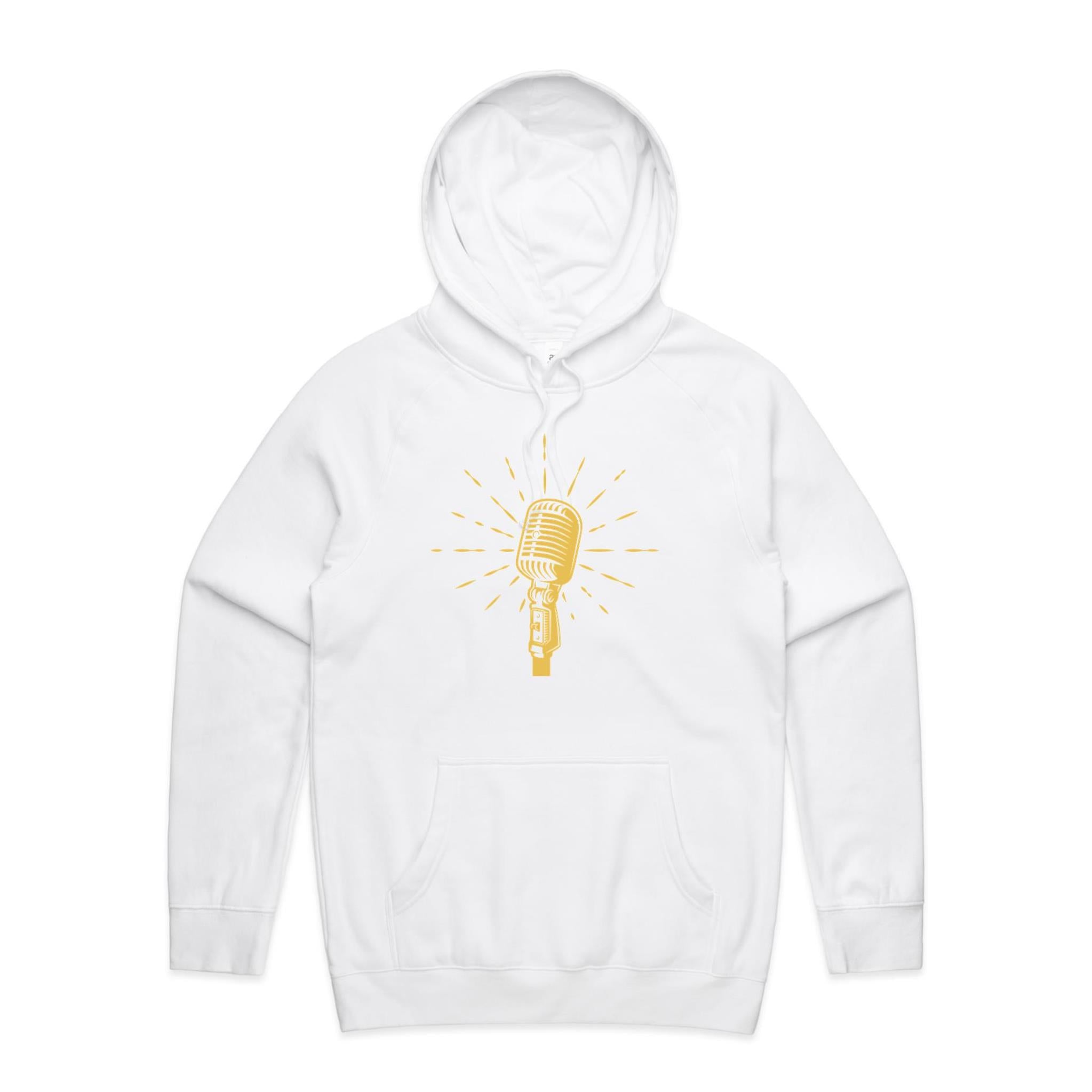 Microphone - Mens Hoodie White Mens Hoodie Music Printed In Australia