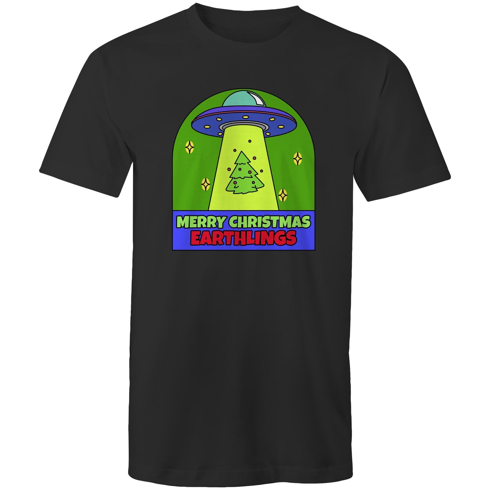 Merry Christmas Earthlings, UFO - Mens T-Shirt Black Mens Christmas T-shirt Christmas Printed In Australia