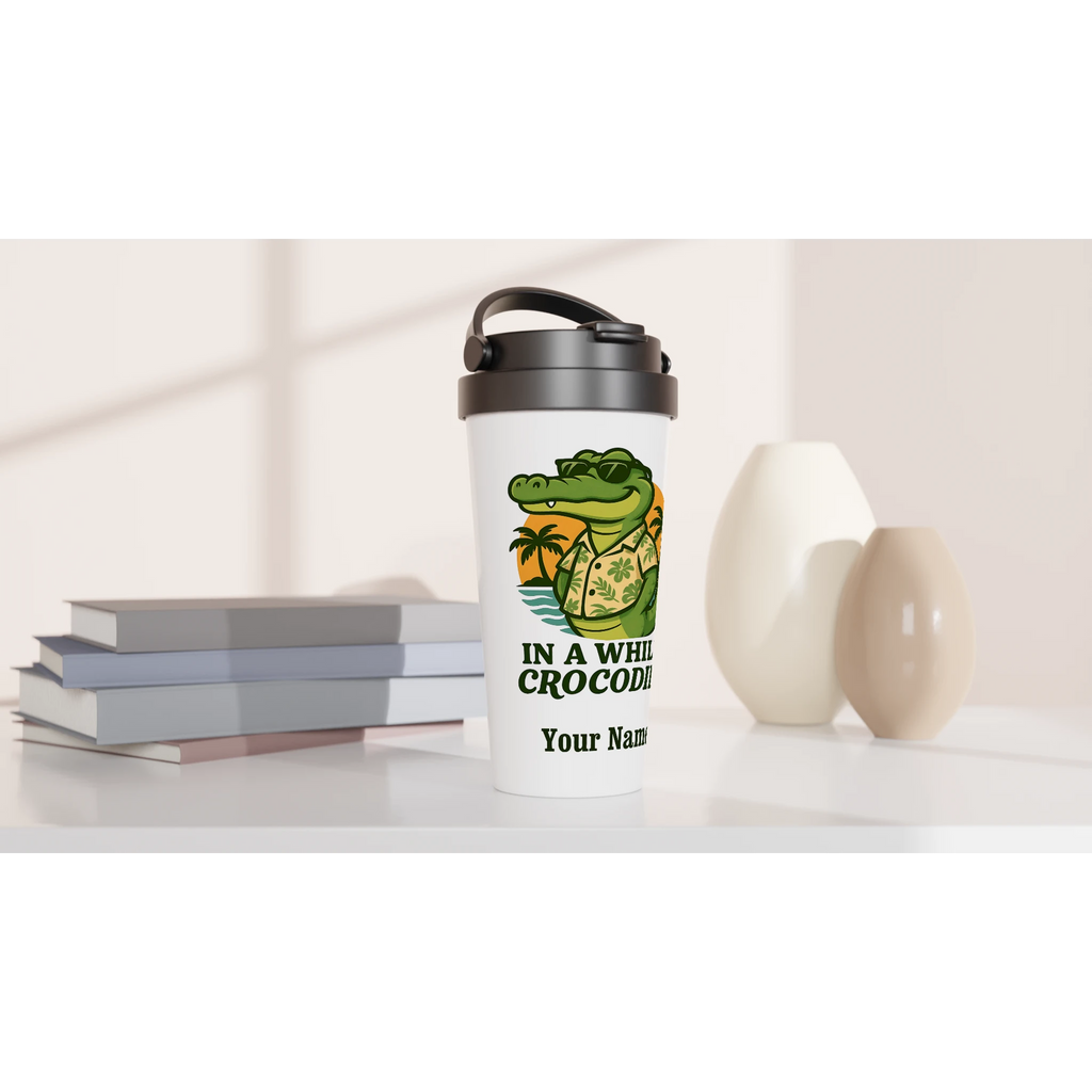 Personalised In A While, Crocodile White 15oz Stainless Steel Travel Mug Personalised Travel Mug animal Globally Fulfilled