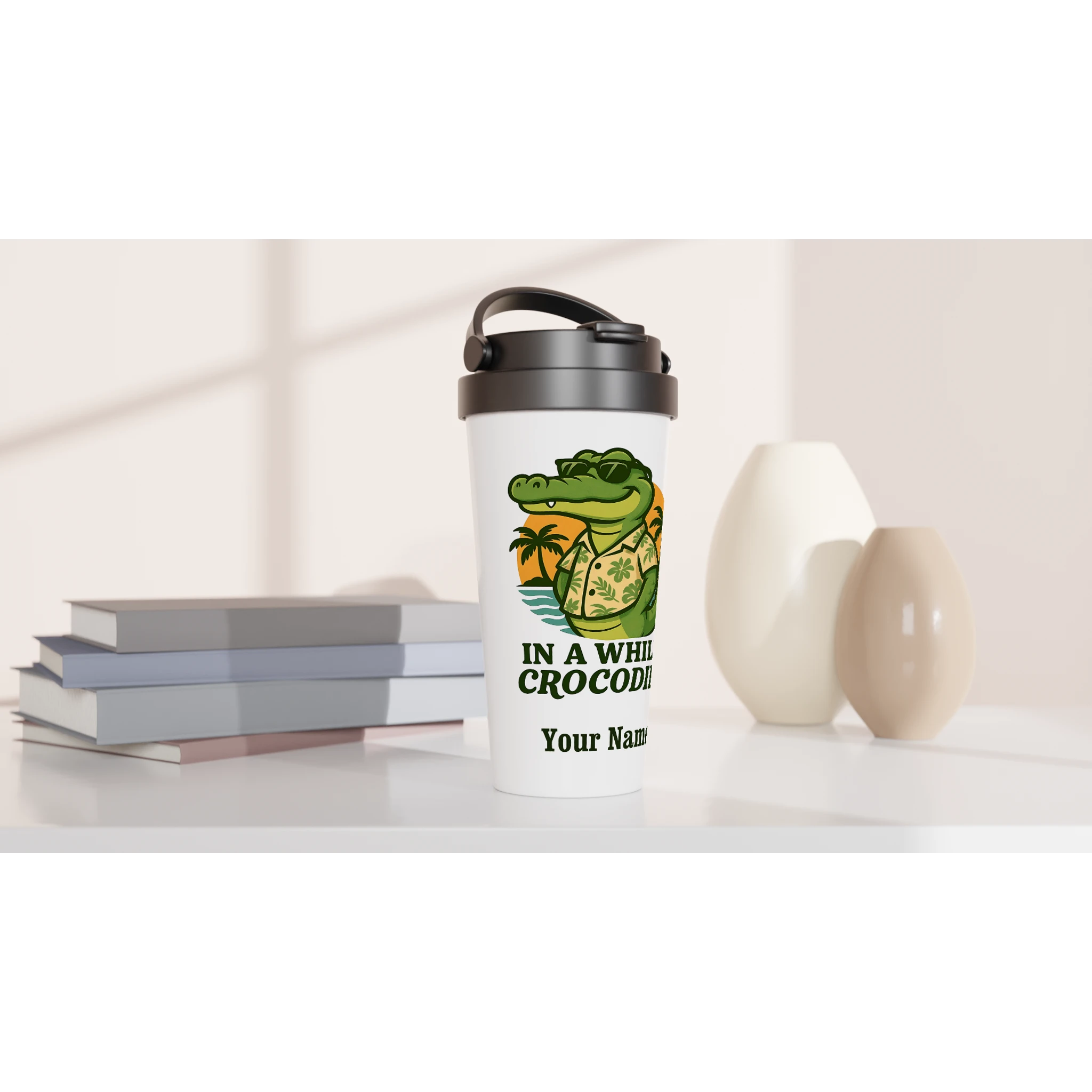 Personalised In A While, Crocodile White 15oz Stainless Steel Travel Mug Personalised Travel Mug animal Globally Fulfilled