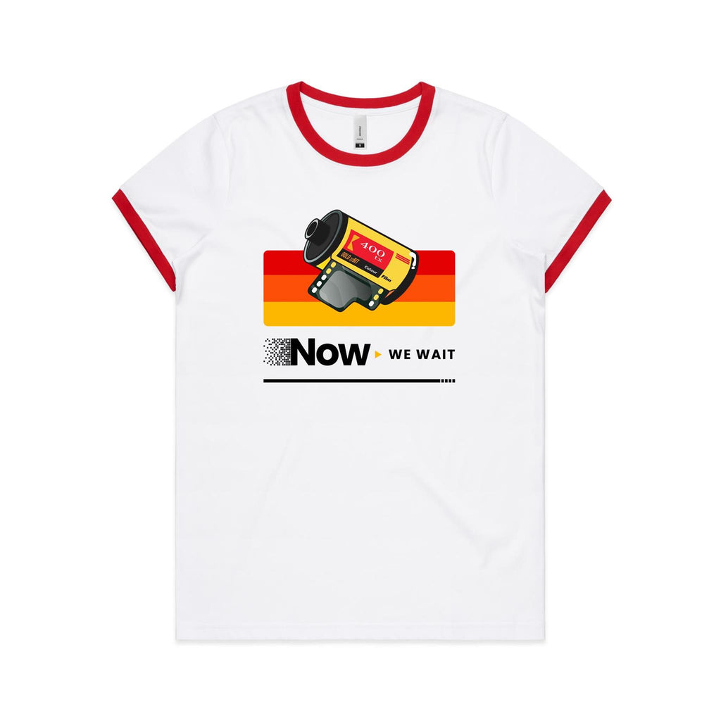 Camera Film, Now We Wait Women's AS Colour Ringer Tee White Red Womens Ringer T-shirt Printed In Australia Retro