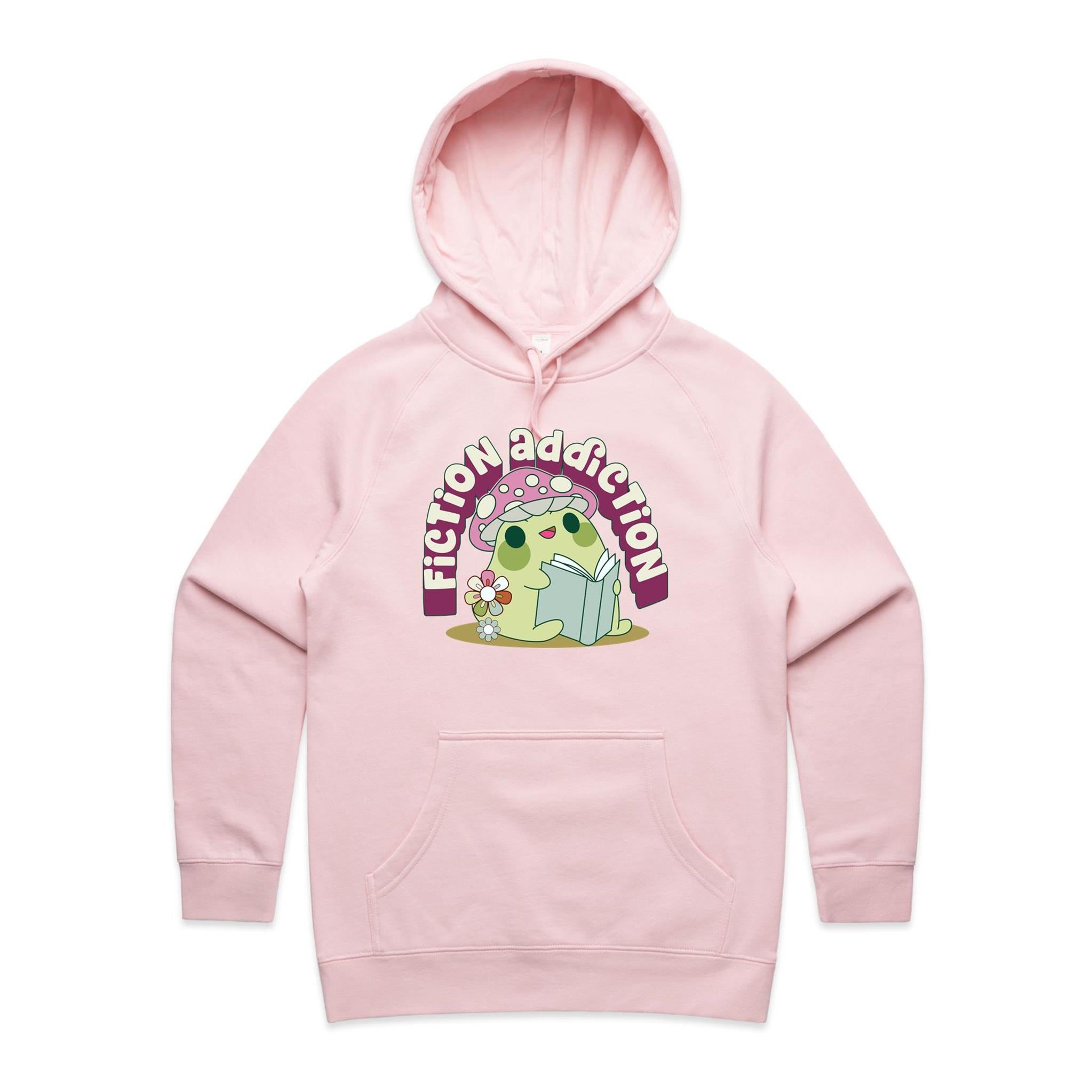 Fiction Addiction - Womens Hoodie Pink Womens Hoodie Printed In Australia Reading
