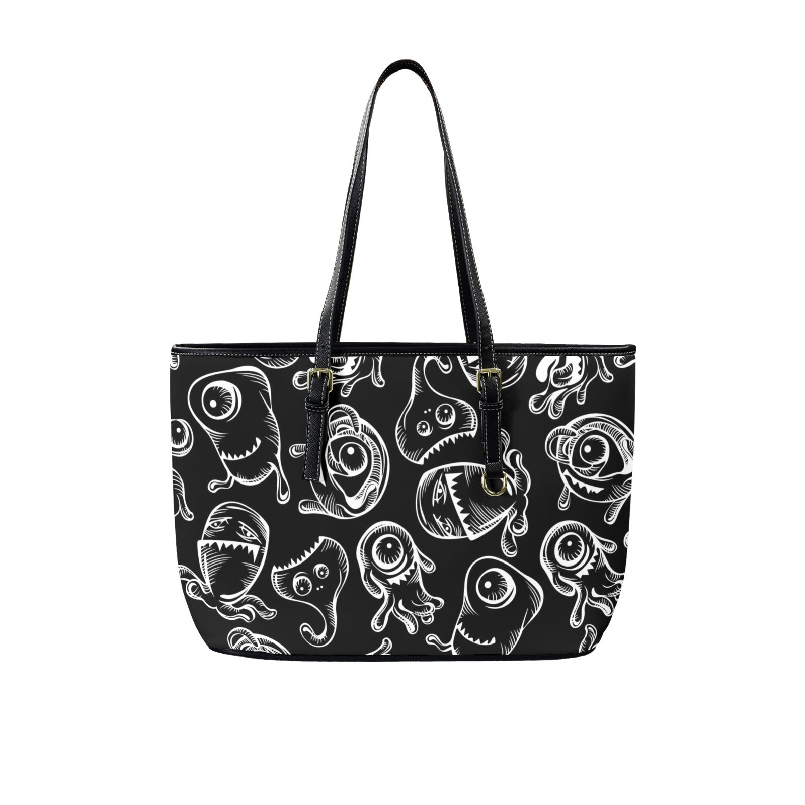 Monsters In Black And White - Leather Tote Bag-Large