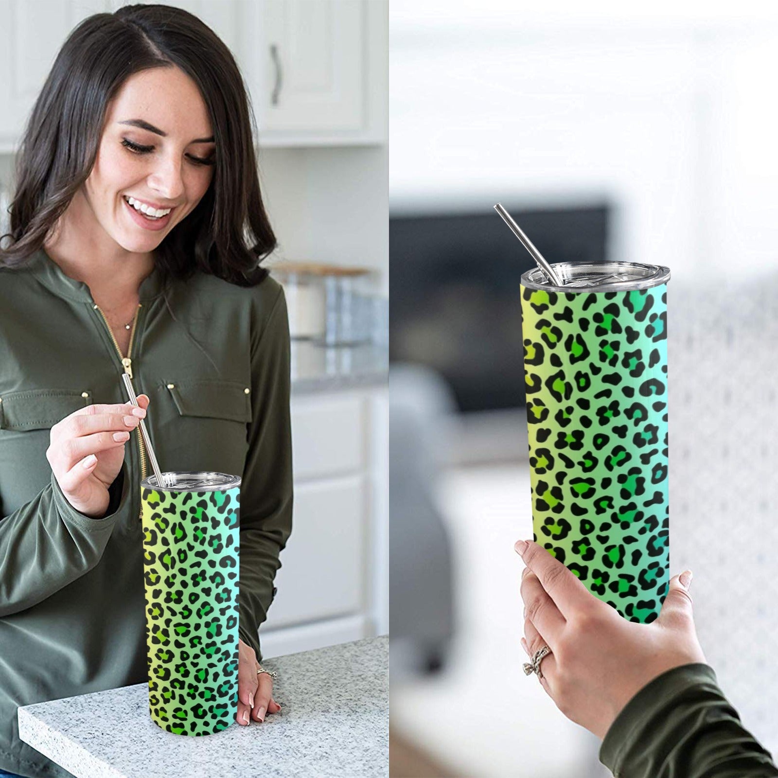 Rainbow Leopard Print - 20oz Tall Skinny Tumbler with Lid and Straw