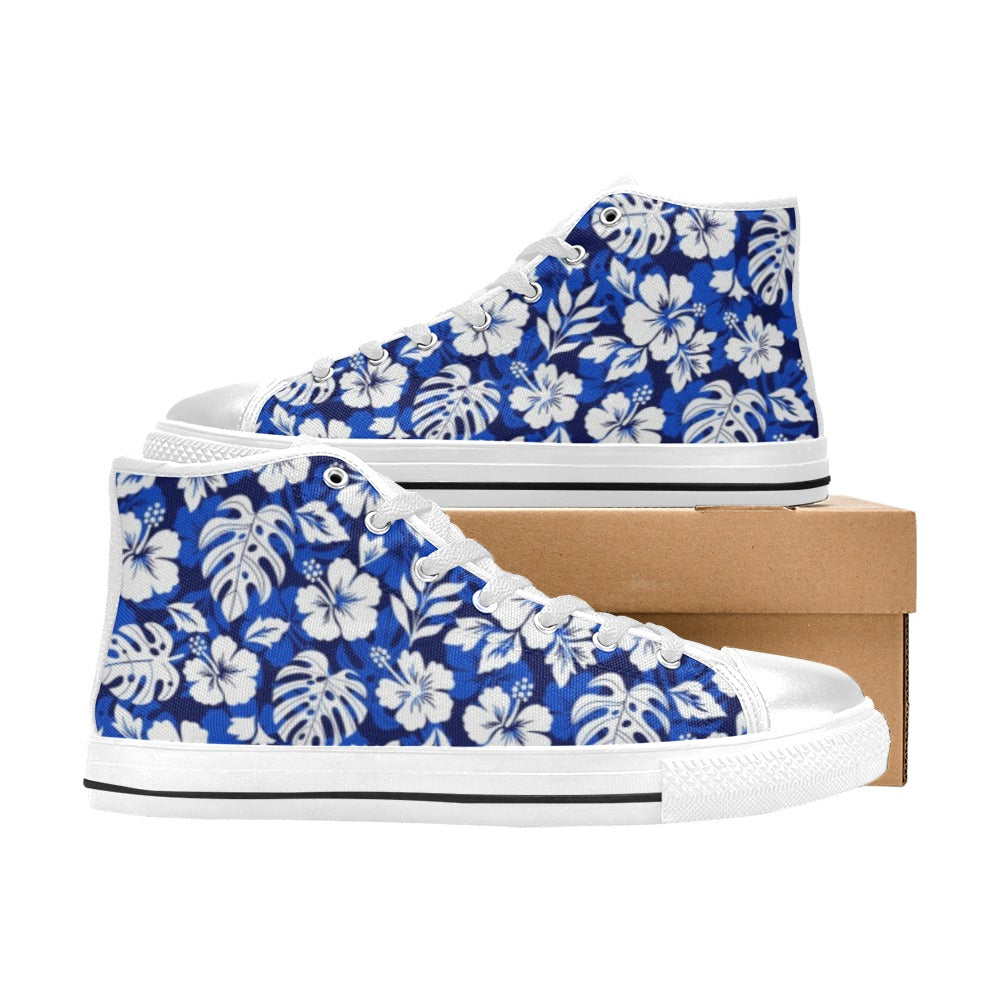 Blue Hawaiian Floral - Kids High Top Canvas Shoes