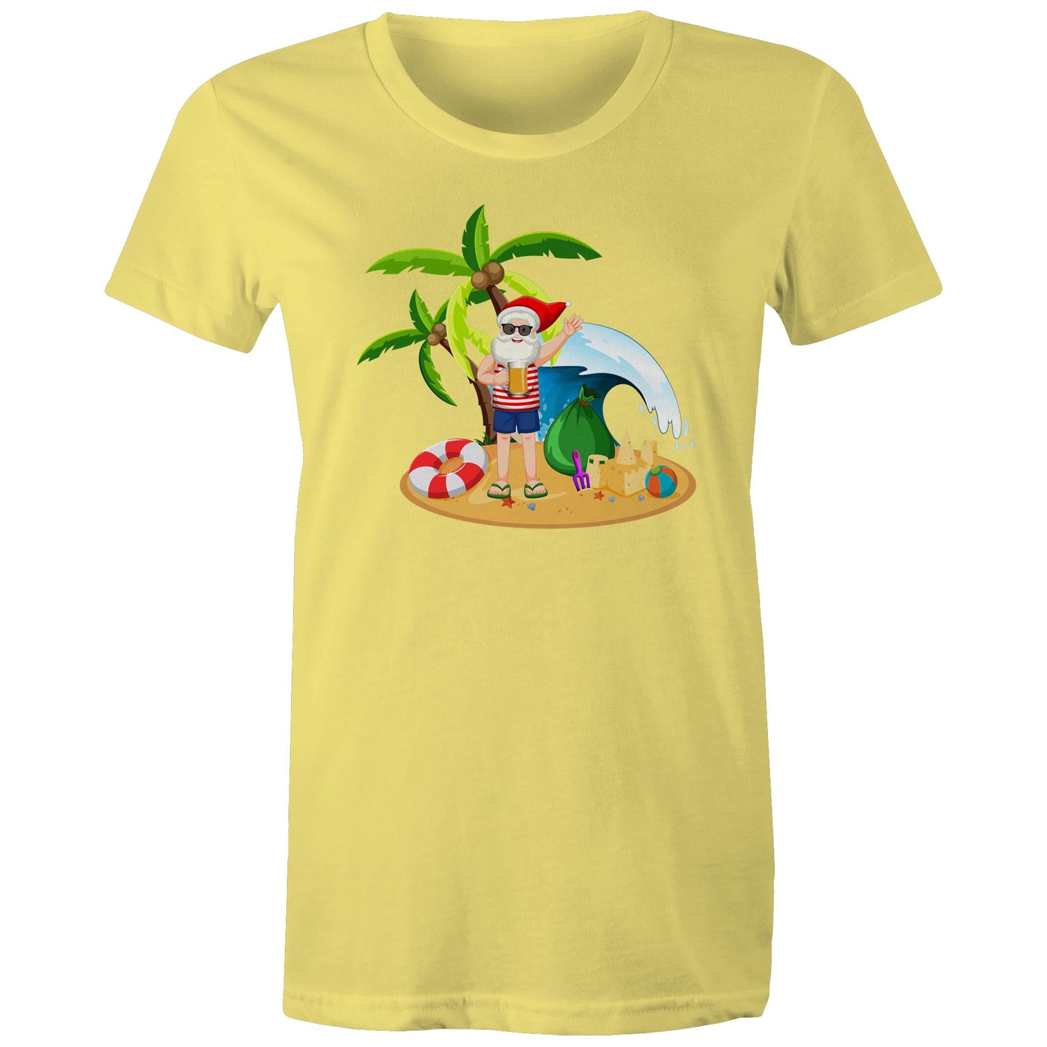 Summer Surf Santa - Womens T-shirt Yellow Womens Christmas T-shirt Christmas Printed In Australia