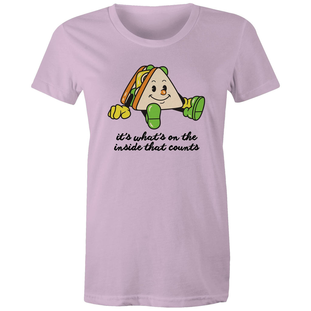 Sandwich, It's What's On The Inside That Counts - Womens T-shirt Lavender Womens T-shirt Food Positivity Printed In Australia