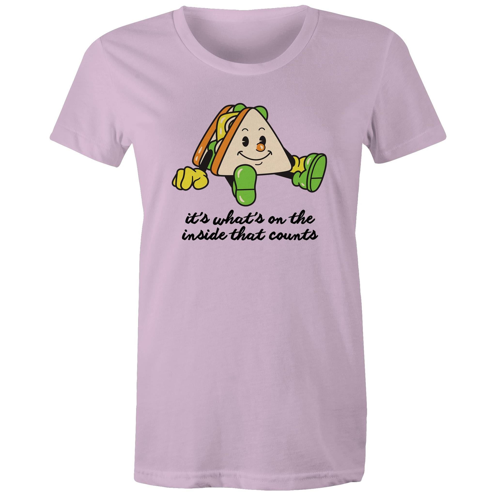 Sandwich, It's What's On The Inside That Counts - Womens T-shirt Lavender Womens T-shirt Food Positivity Printed In Australia