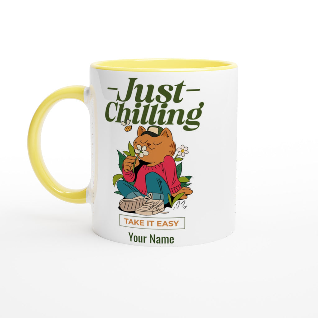 Personalised - Just Chilling - White 11oz Ceramic Mug with Color Inside Ceramic Yellow Personalised 11oz Mug Customise Globally Fulfilled Name Personalise