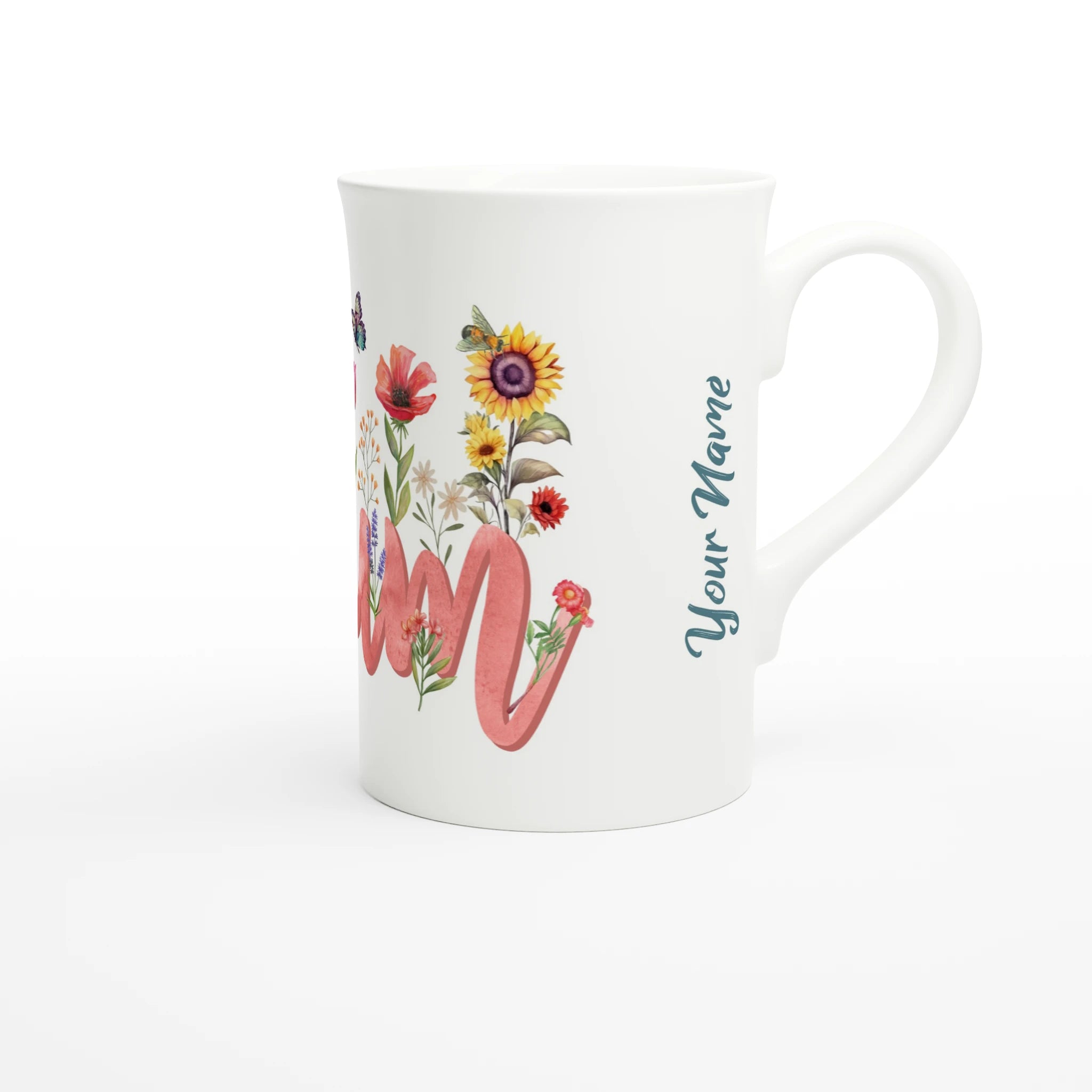 Personalised - Mum With Flowers And Butterflies - White 10oz Porcelain Slim Mug Personalised Porcelain Mug Globally Fulfilled Mum