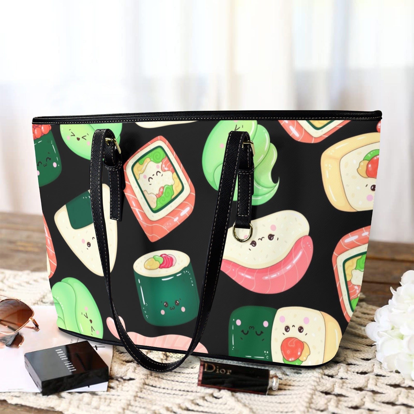 Happy Sushi - Leather Tote Bag-Large