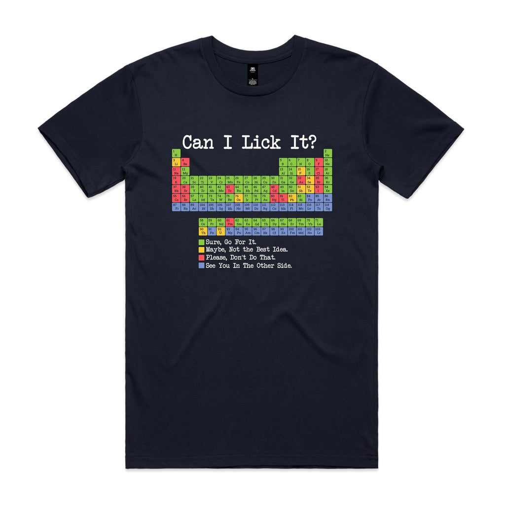 Periodic Table, Can I Lick It Men's AS Colour T-shirt Navy Mens T-shirt Printed In Australia Science