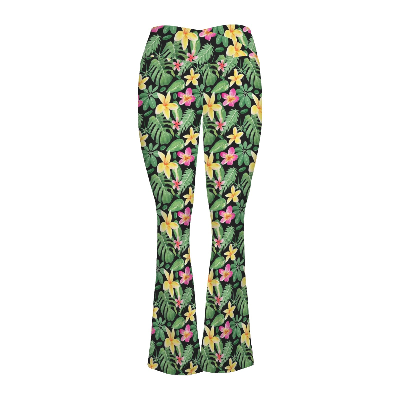 Frangipani High Waist Crossover Tummy Control Flare Leggings High Waist Flare Leggings Plants Printed Offshore