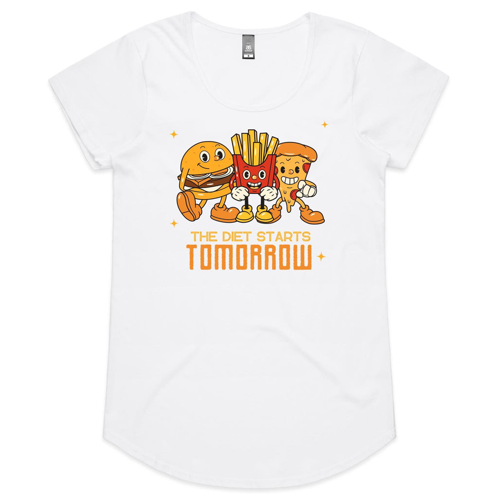The Diet Starts Tomorrow, Hamburger, Pizza, Fries - Womens Scoop Neck T-Shirt White Womens Scoop Neck T-shirt Food Printed In Australia