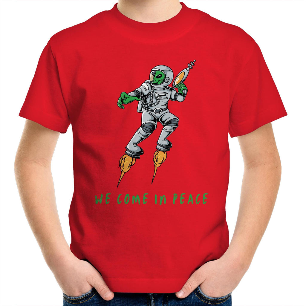 Alien Invasion, We Come In Peace - Kids Youth T-Shirt Red Kids Youth T-shirt Printed In Australia Sci Fi