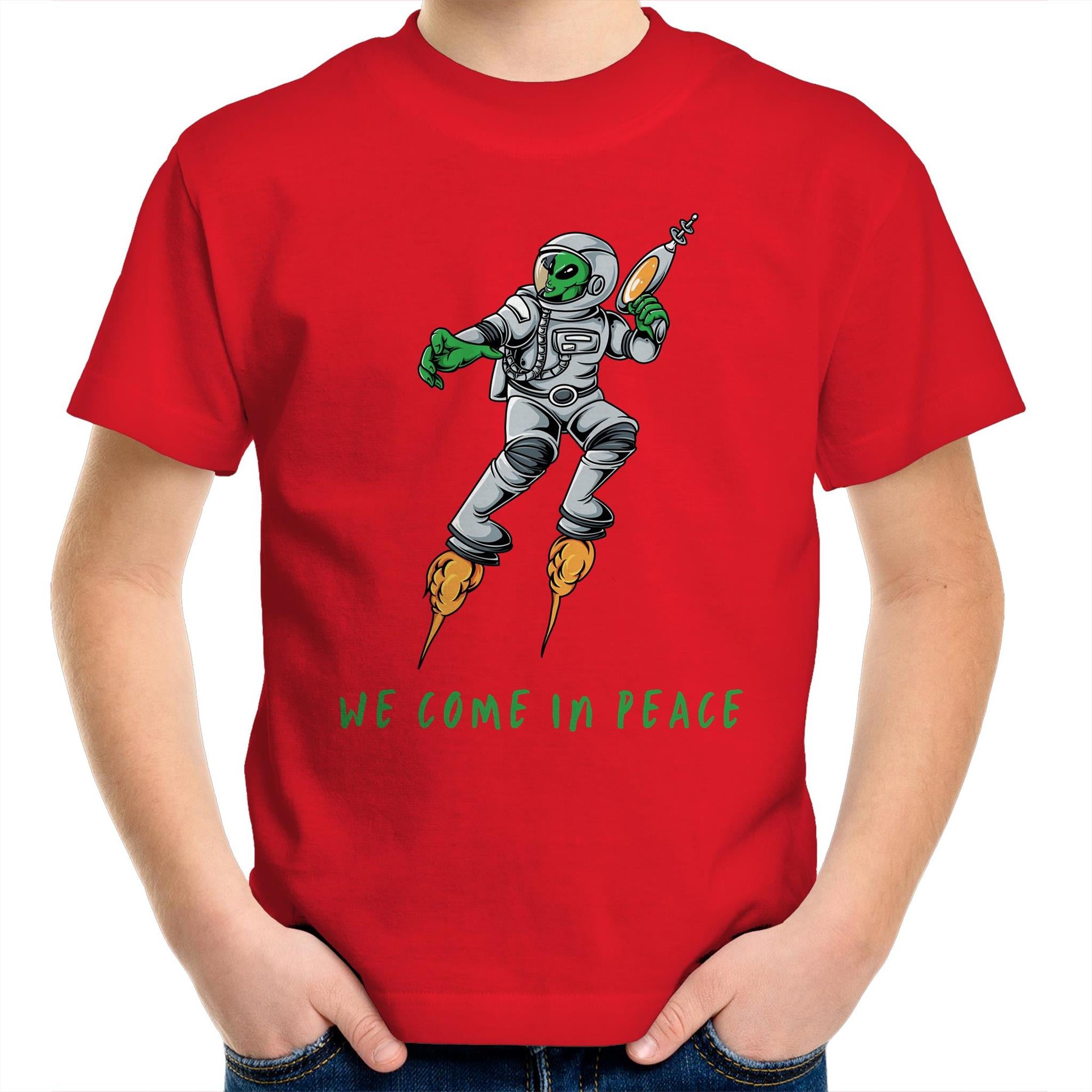 Alien Invasion, We Come In Peace - Kids Youth T-Shirt Red Kids Youth T-shirt Printed In Australia Sci Fi