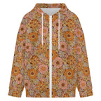 Orange Retro Floral Women's Full-Zip Hoodie