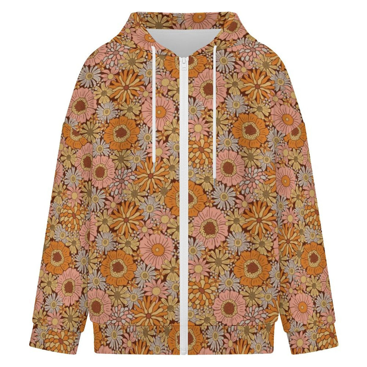 Orange Retro Floral Women's Full-Zip Hoodie