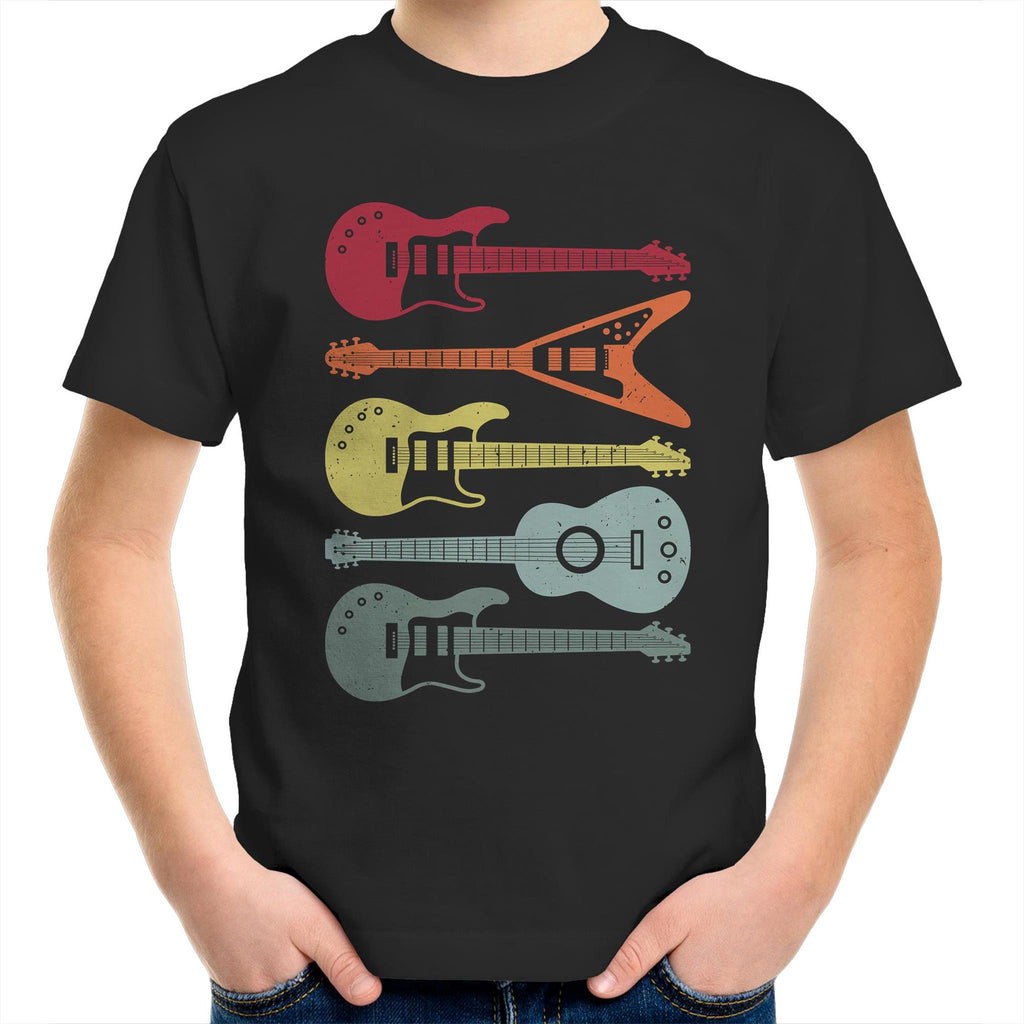 Retro Guitars - Kids Youth T-Shirt Black Kids Youth T-shirt Music Printed In Australia