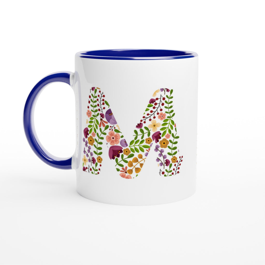Personalised - Floral Initial - White 11oz Ceramic Mug with Color Inside Ceramic Blue Personalised 11oz Mug Customise Globally Fulfilled Name Personalise
