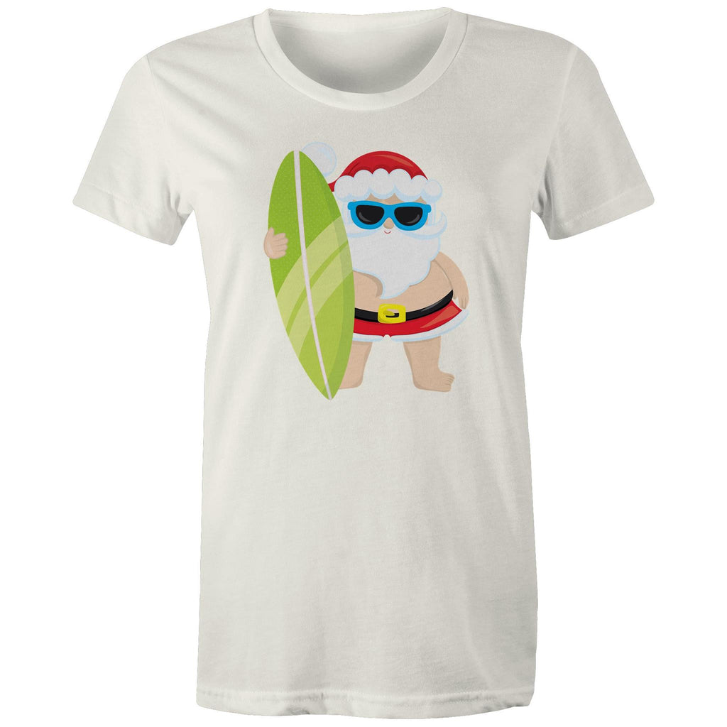 Surfing Santa - Womens T-shirt Natural Womens Christmas T-shirt Christmas Printed In Australia