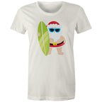 Surfing Santa - Womens T-shirt Natural Womens Christmas T-shirt Christmas Printed In Australia