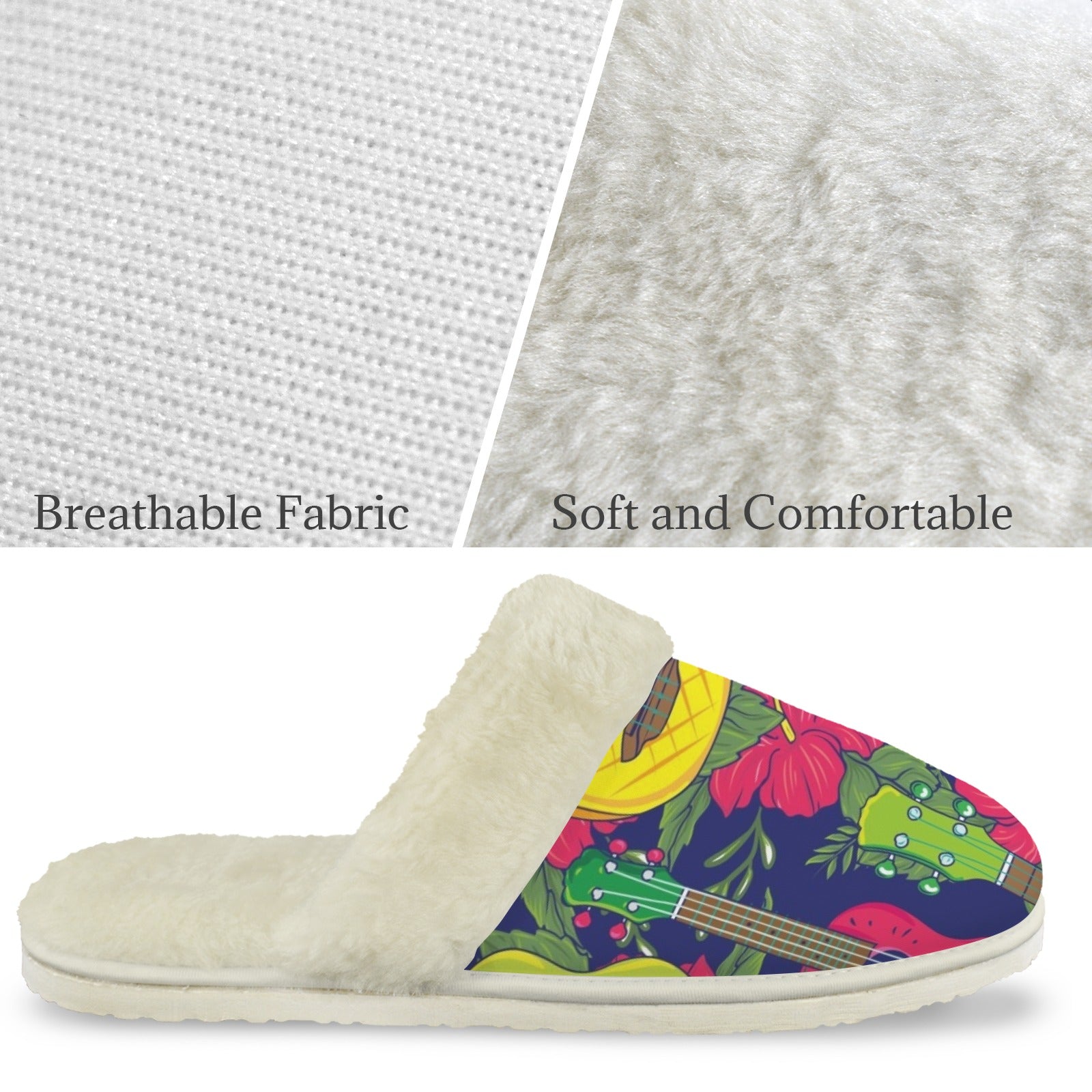 Ukulele Men's Fur Trim Thick-Sole Indoor Slippers Men's Fur Trimmed Slippers Music Printed Offshore