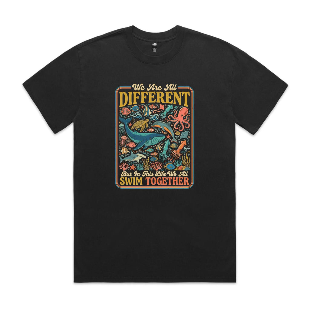 We Are All Different, But We All Swim Together AS Colour Heavy Faded Tee Unisex Faded Black Heavy Faded T-shirt animal Ocean Positivity Printed In Australia