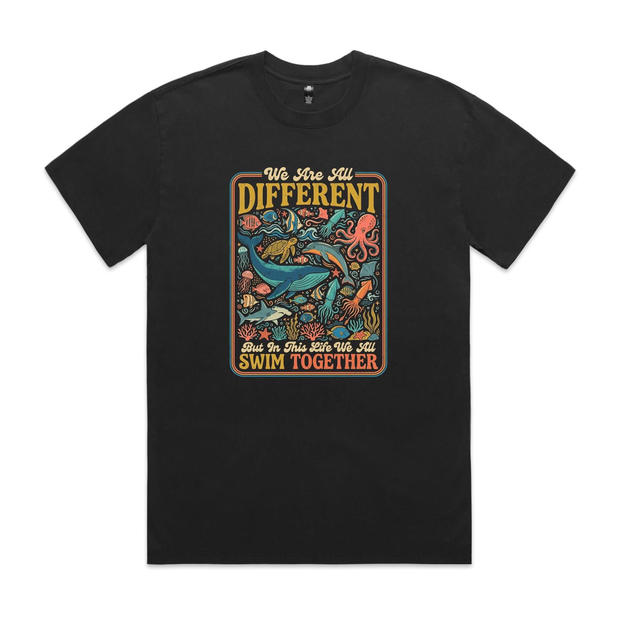 We Are All Different, But We All Swim Together - AS Colour Heavy Faded Tee Faded Black Heavy Faded T-shirt animal Ocean Positivity Printed In Australia
