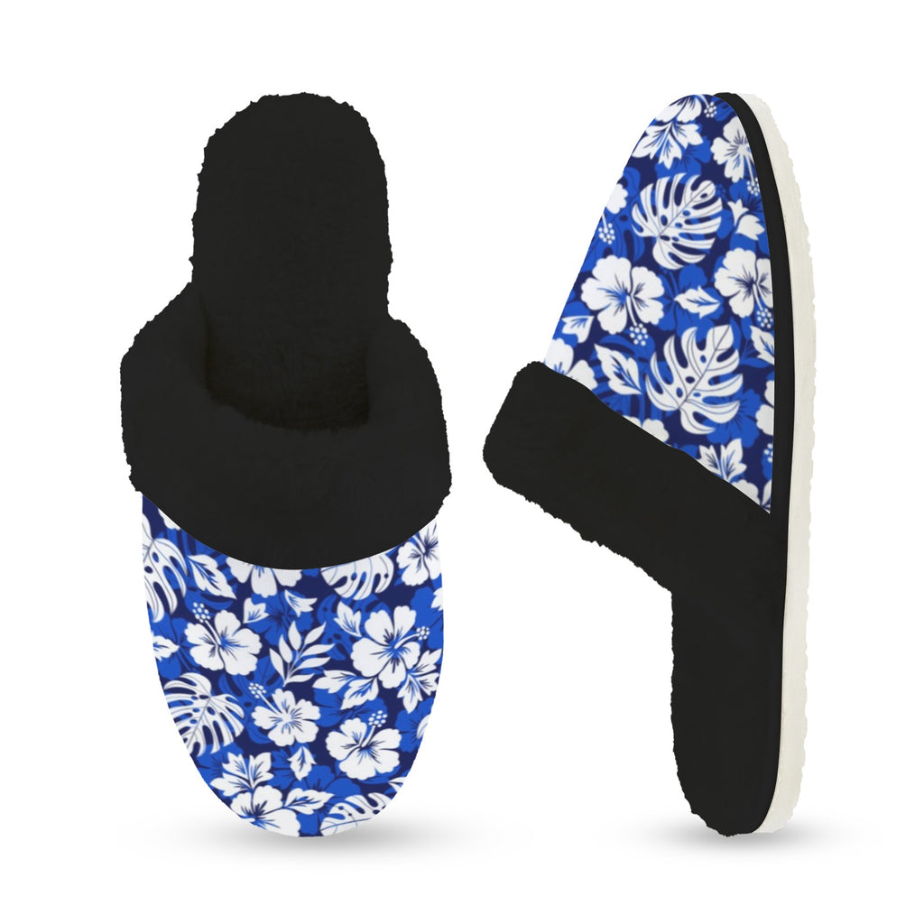 Blue Hawaiian Floral Women's Fur Trim Thick-Sole Indoor Slippers Women's Fur Trimmed Slippers Plants Printed Offshore