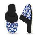 Blue Hawaiian Floral Women's Fur Trim Thick-Sole Indoor Slippers Women's Fur Trimmed Slippers Plants Printed Offshore