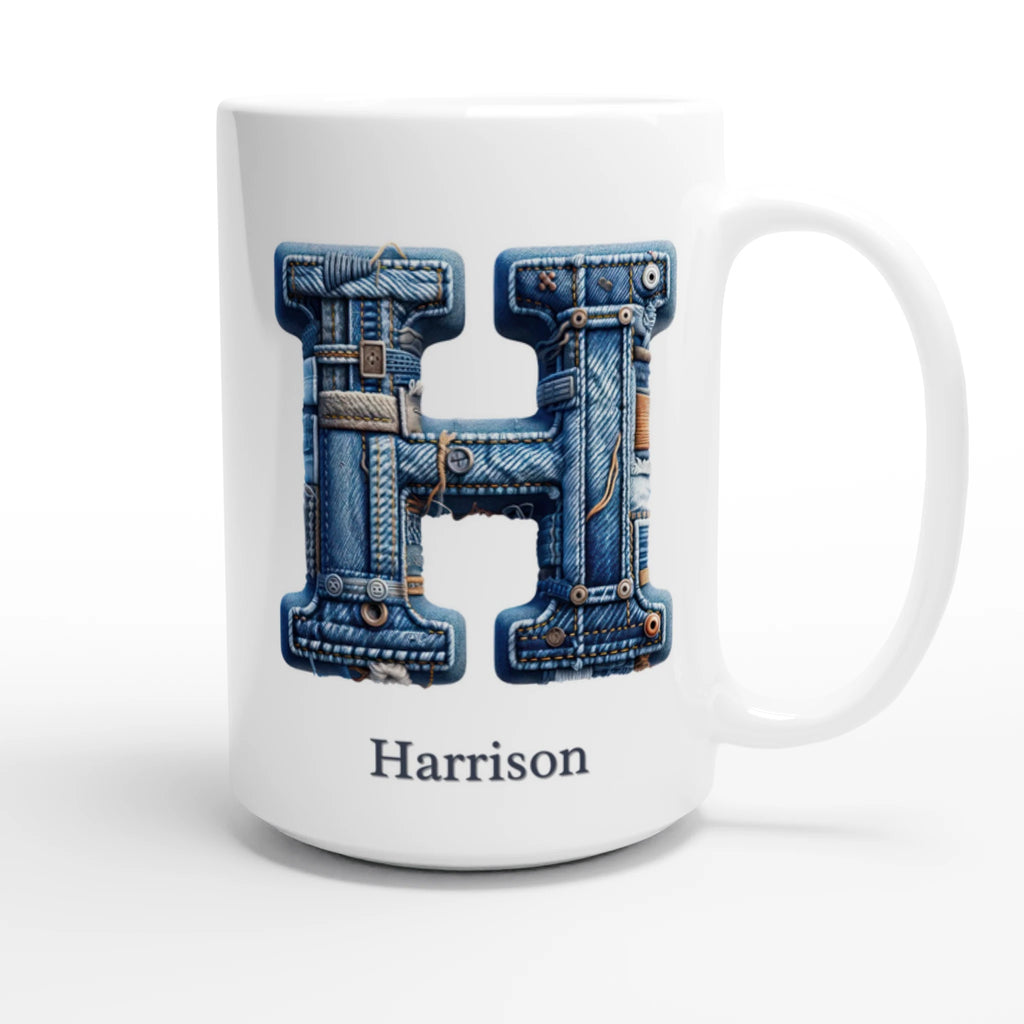 Personalise - Blue Denim Initial - White 15oz Ceramic Mug Personalised 15oz Mug customise Globally Fulfilled Initial Name personalise