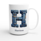 Personalise - Blue Denim Initial - White 15oz Ceramic Mug Personalised 15oz Mug customise Globally Fulfilled Initial Name personalise