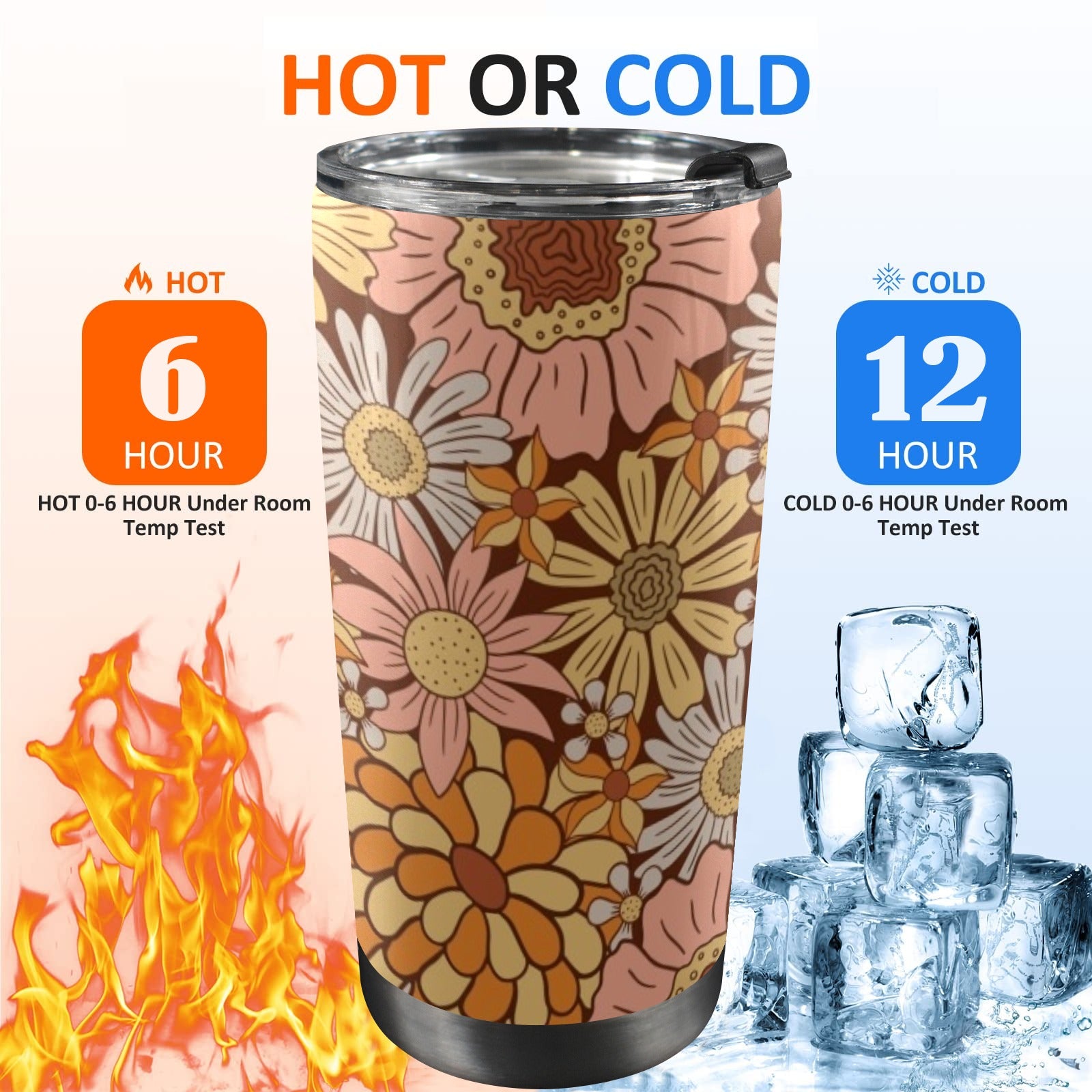 Orange Retro Floral 20oz Mobile Tumbler with Lid (Black Lock) 20oz Travel Mug Plants Printed Offshore