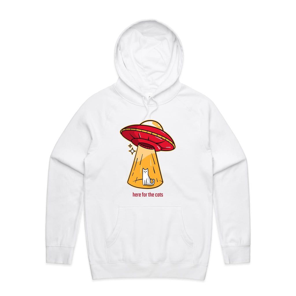 UFO, Here For The Cats - Mens Hoodie White Mens Hoodie animal Printed In Australia Sci Fi