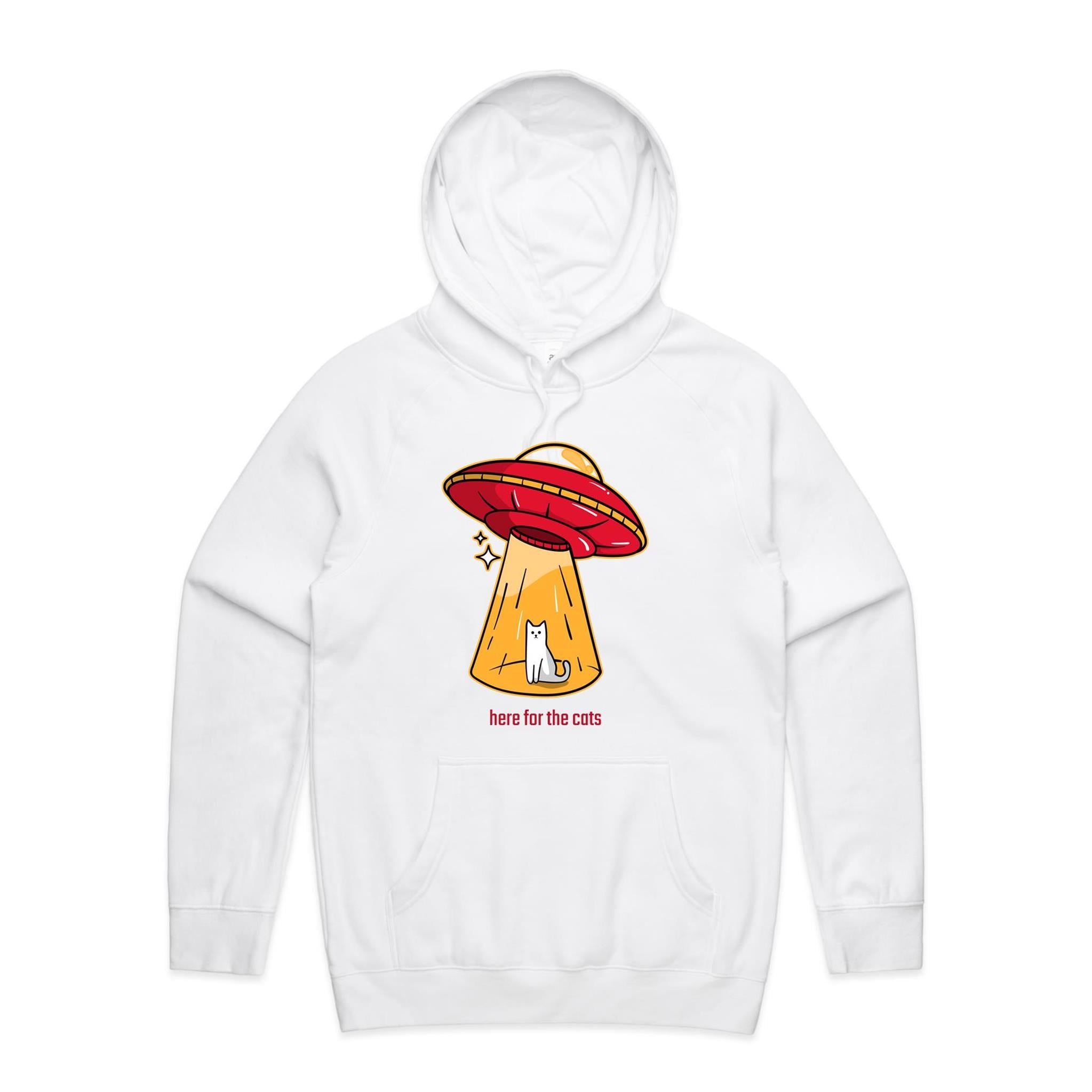 UFO, Here For The Cats - Mens Hoodie White Mens Hoodie animal Printed In Australia Sci Fi