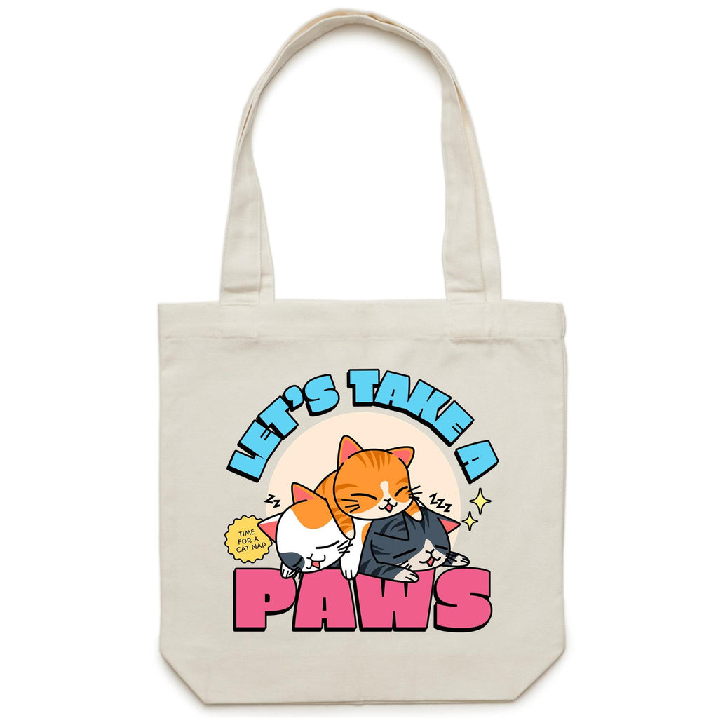 Cat Nap, Let's Take A Paws - Canvas Tote Bag Cream One Size Tote Bag Printed In Australia