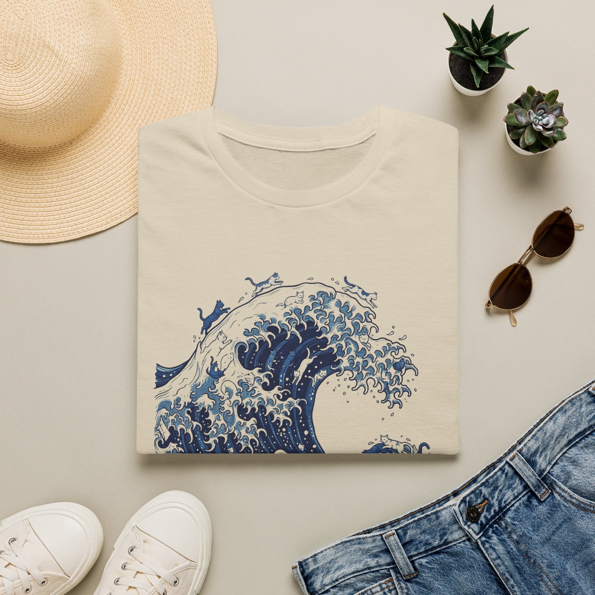 Cats On The Great Wave Unisex T-Shirt Sand Unisex Adult T-shirt animal Globally Fulfilled Ocean