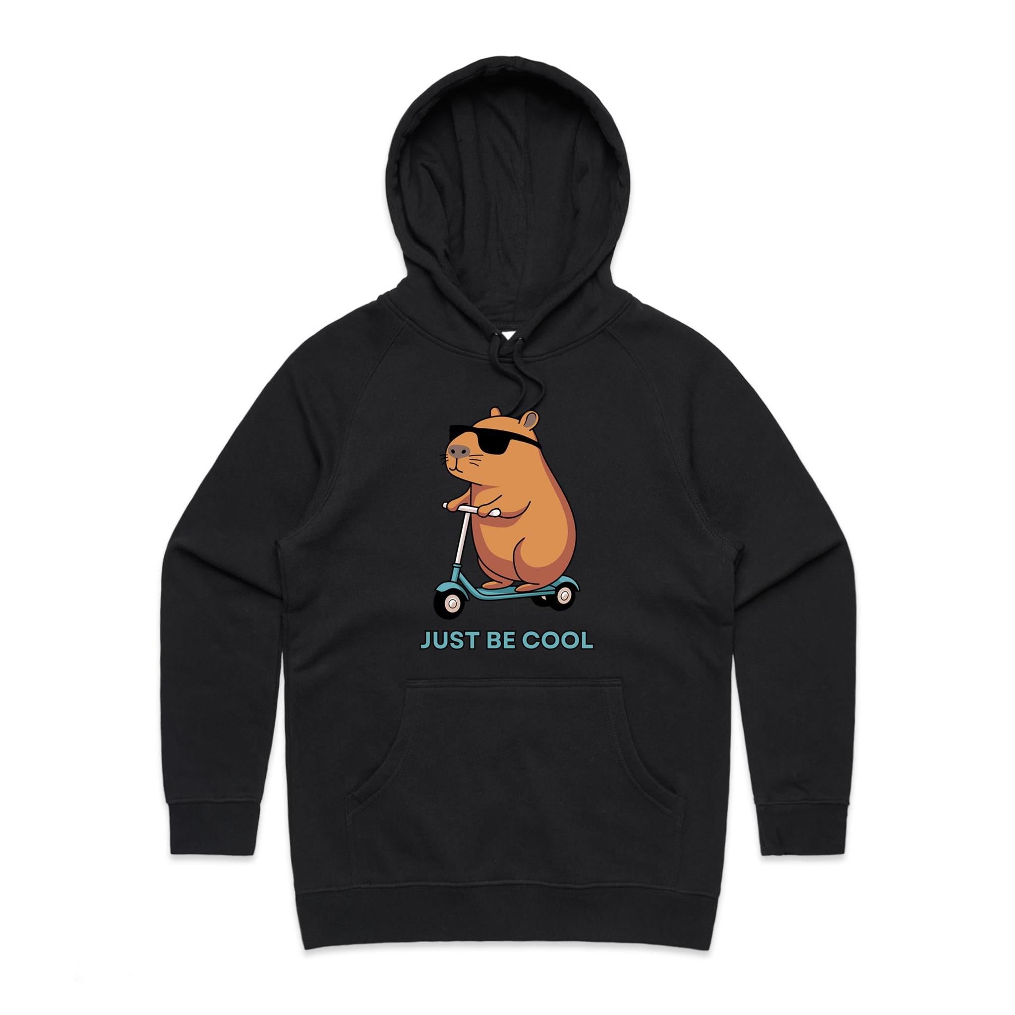 Just Be Cool, Capybara - Womens Hoodie Black Womens Hoodie animal Printed In Australia