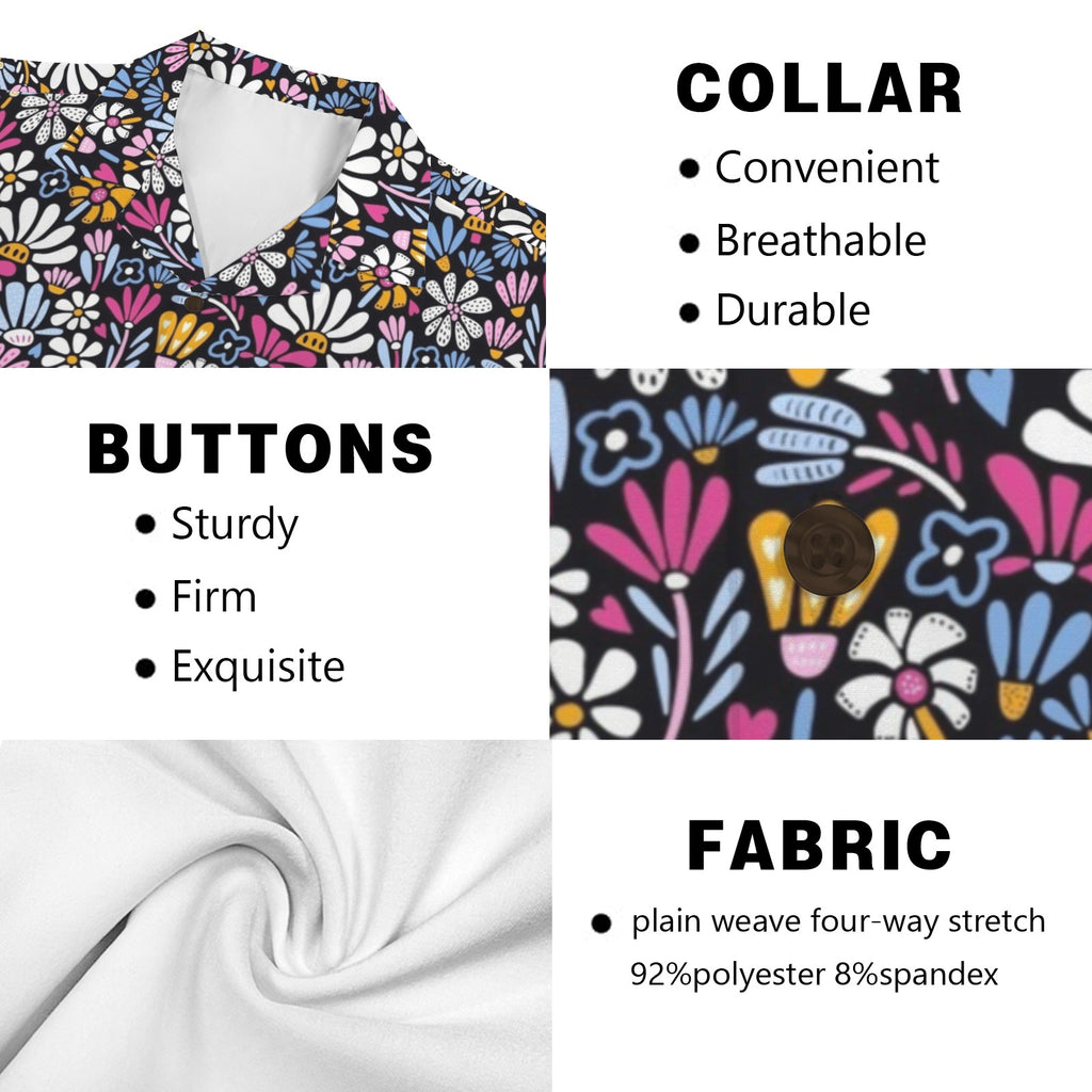 Graphic Flowers On Black Large MMen's Short Sleeve Hawaiian Shirt Men's Hawaiian Shirt (New) Plants Printed Offshore