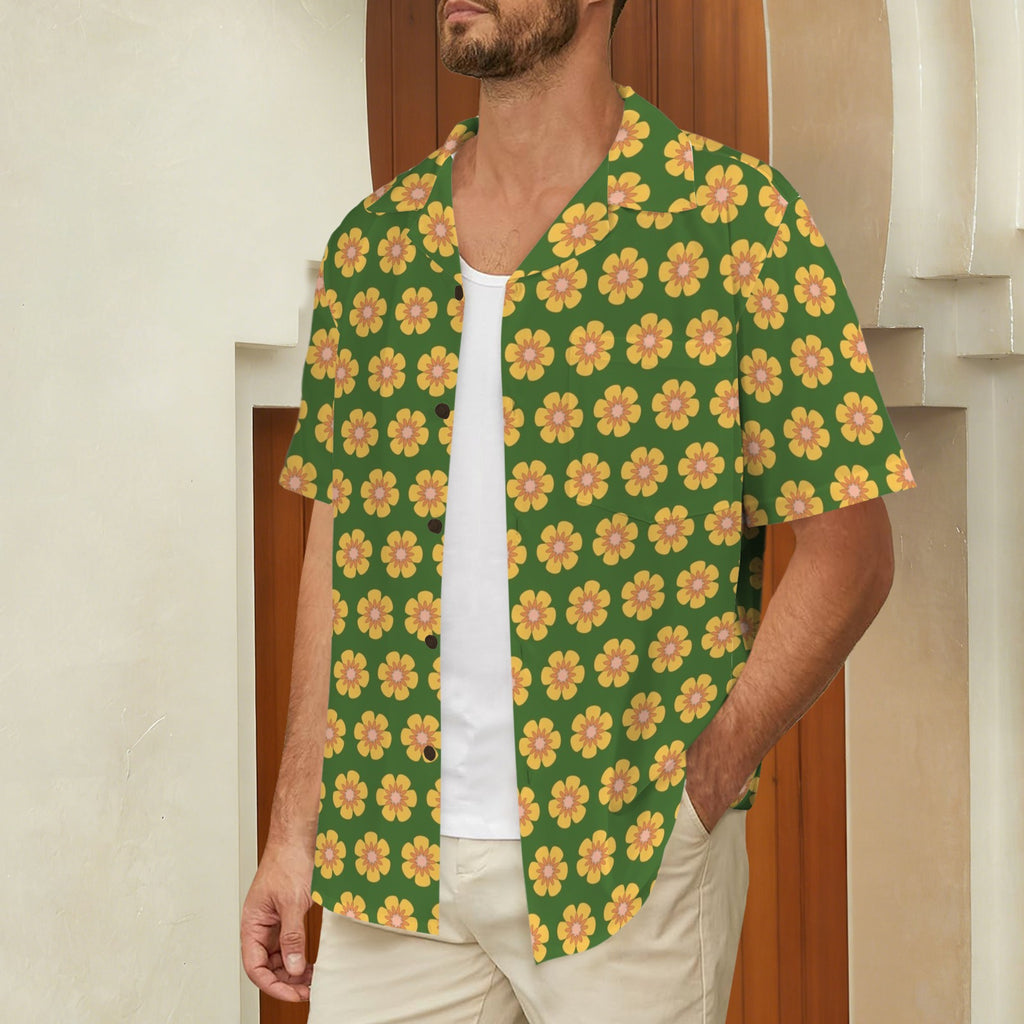 Yellow Flowers On Green Men's Hawaiian Shirt