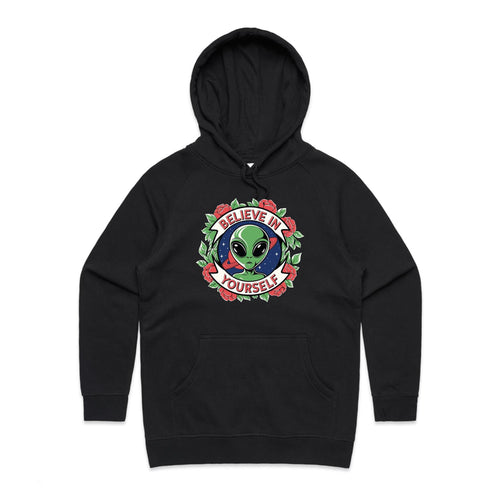 Believe In Yourself, Alien - Womens Hoodie Black Womens Hoodie Motivation Positivity Printed In Australia Sci Fi