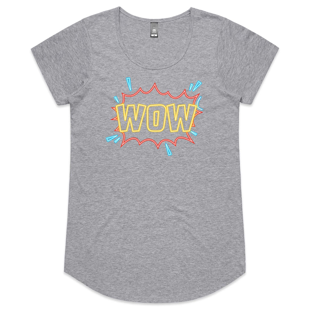 Wow, Comic Book - Womens Scoop Neck T-Shirt Grey Marle Womens Scoop Neck T-shirt comic Printed In Australia
