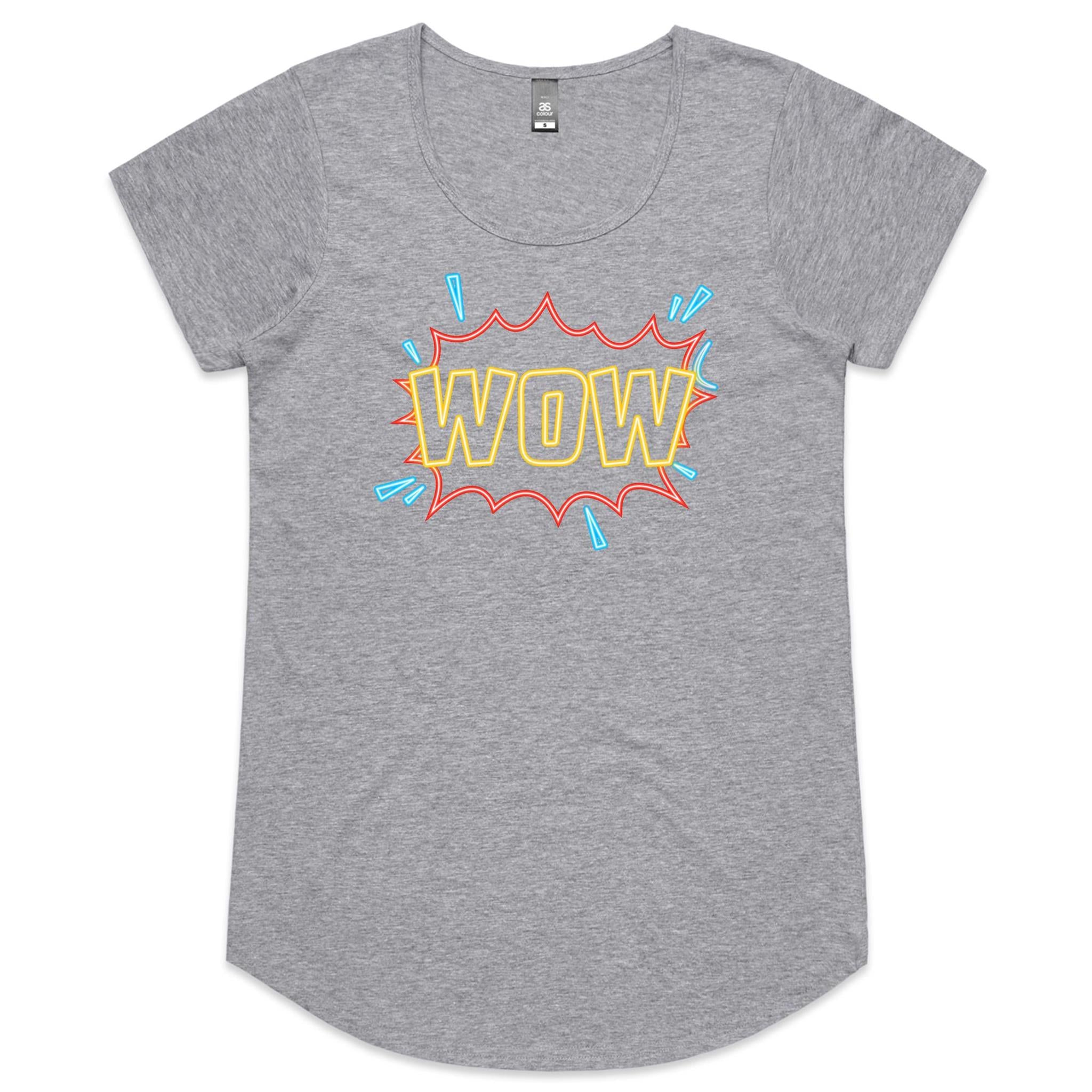 Wow, Comic Book - Womens Scoop Neck T-Shirt Grey Marle Womens Scoop Neck T-shirt comic Printed In Australia