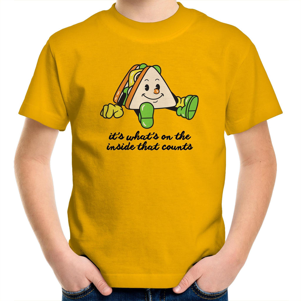 Sandwich, It's What's On The Inside That Counts - Kids Youth T-Shirt Gold Kids Youth T-shirt Food Positivity Printed In Australia