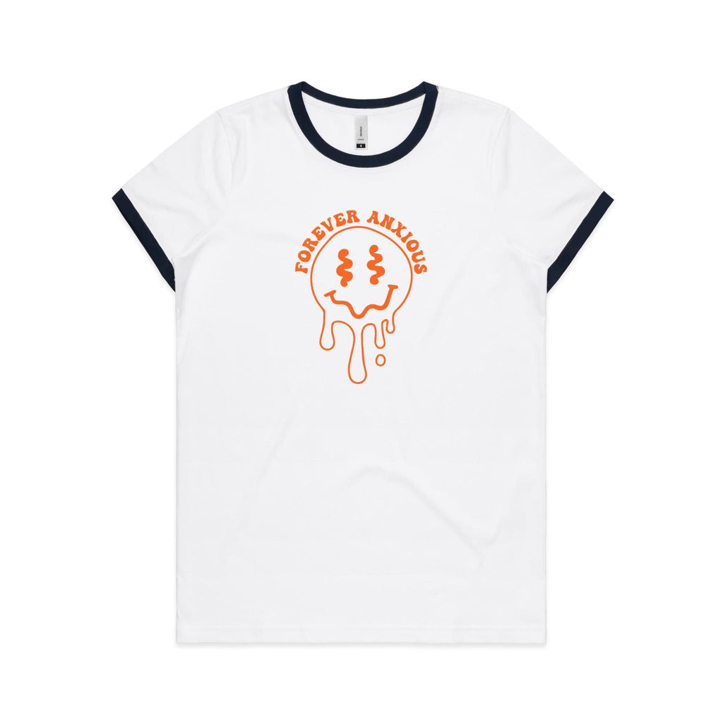 Forever Anxious - Women's Ringer Tee White Navy Womens Ringer T-shirt Printed In Australia