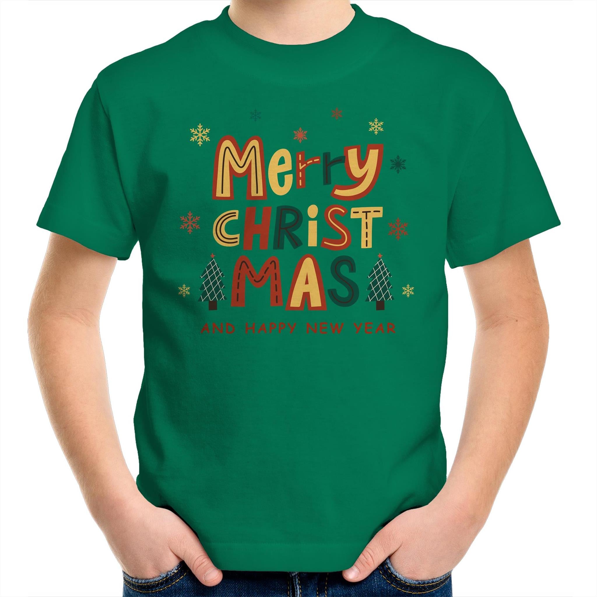 Merry Christmas And Happy New Year - Kids Youth T-Shirt Kelly Green Kids Christmas T-shirt Christmas Printed In Australia